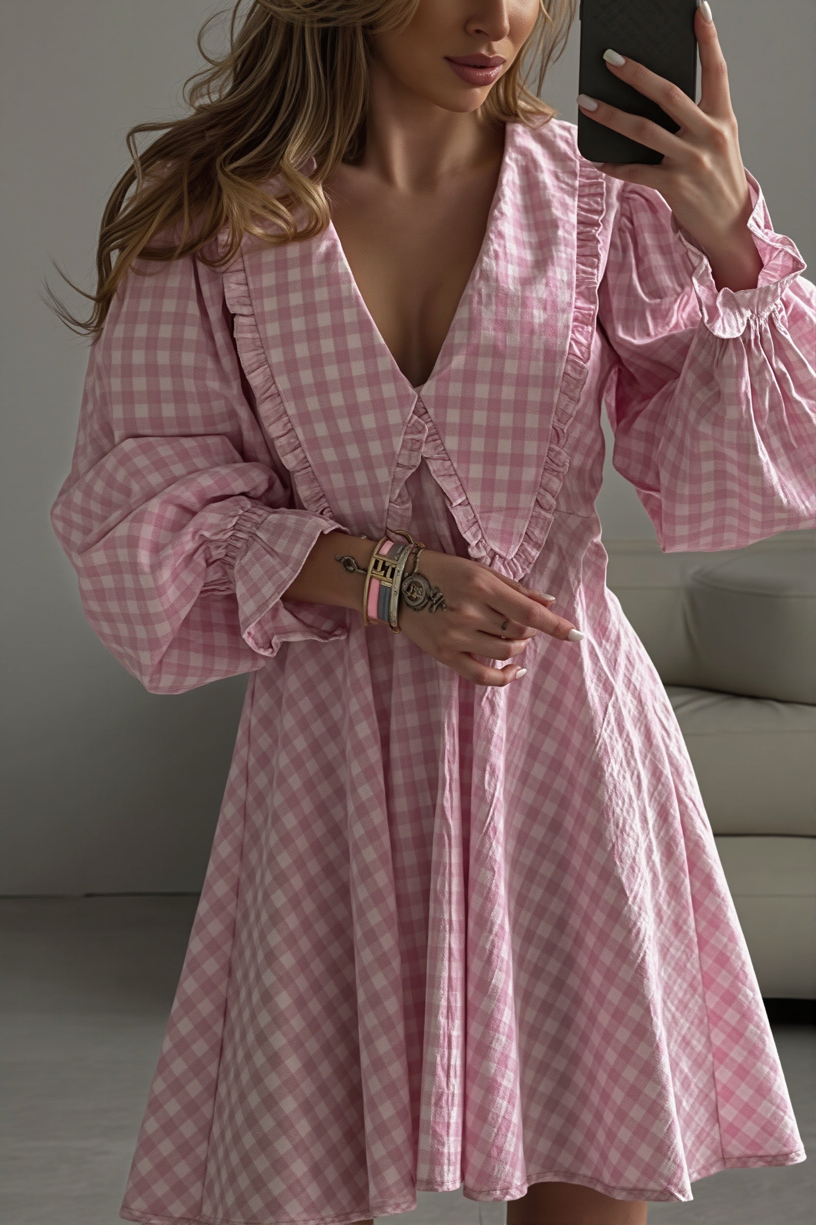 Plaid Bow Collar Ruffle Sleeve Mini Dress
