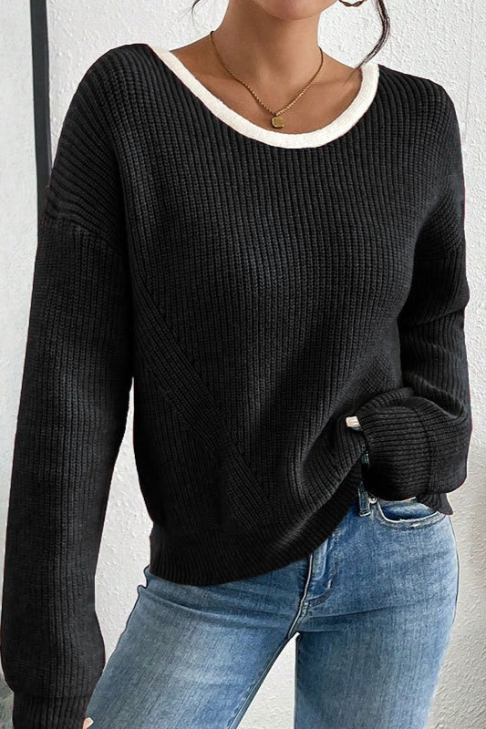 Back Bow Detail Crew Neck Knit Sweater