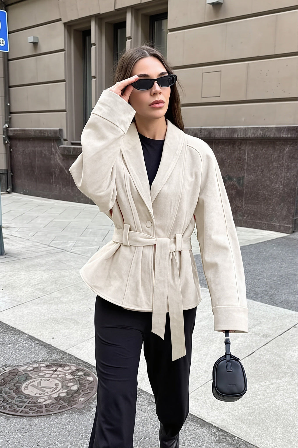 Belted Shawl Collar Suede Jacket