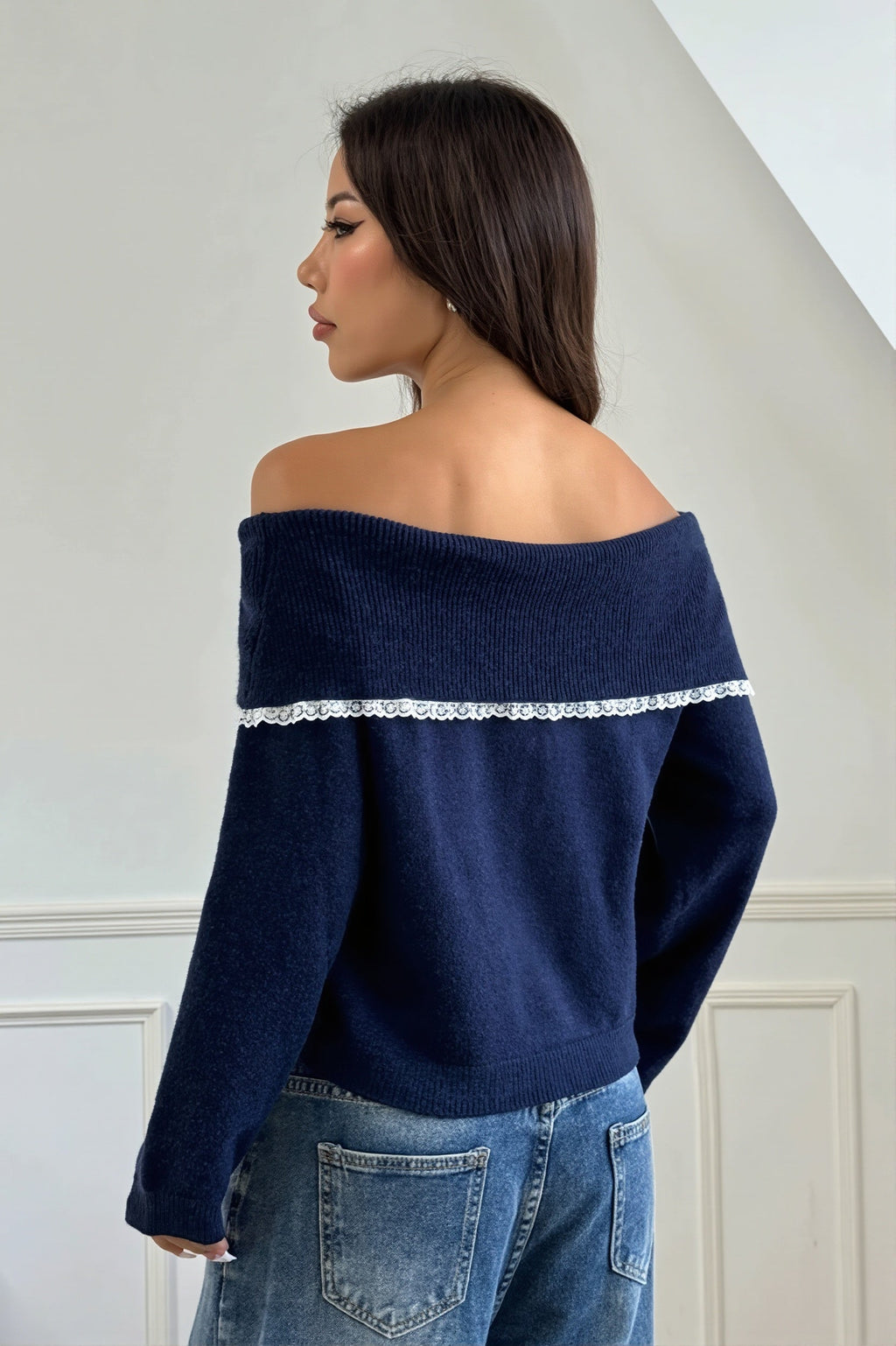 Contrast Lace Bow Off Shoulder Sweater
