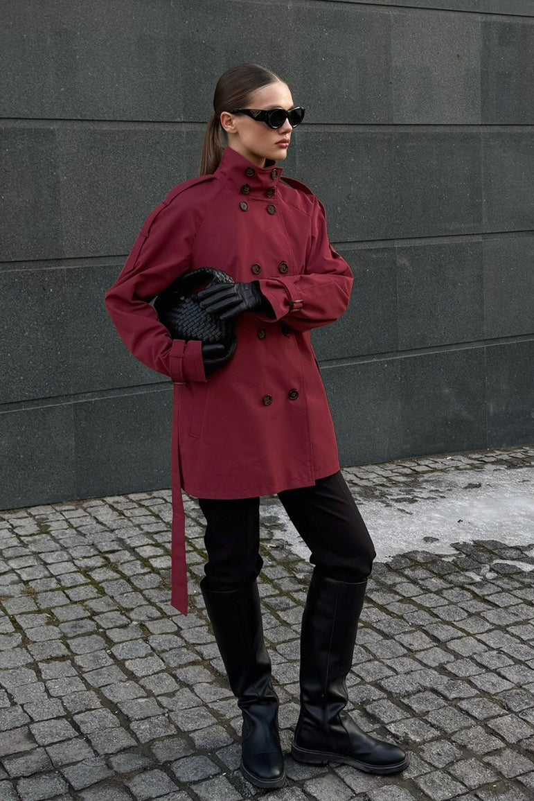 Stand Collar Belted Trench Jacket