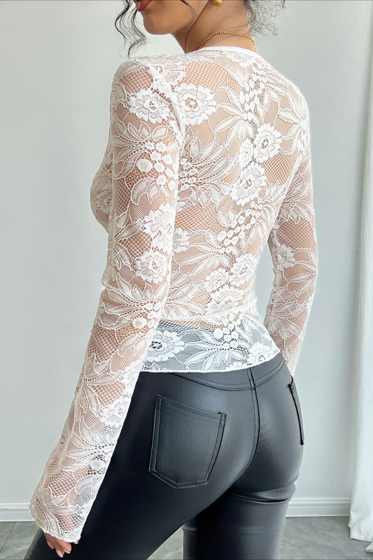 Deep V Floral Lace Bell Sleeve Blouse