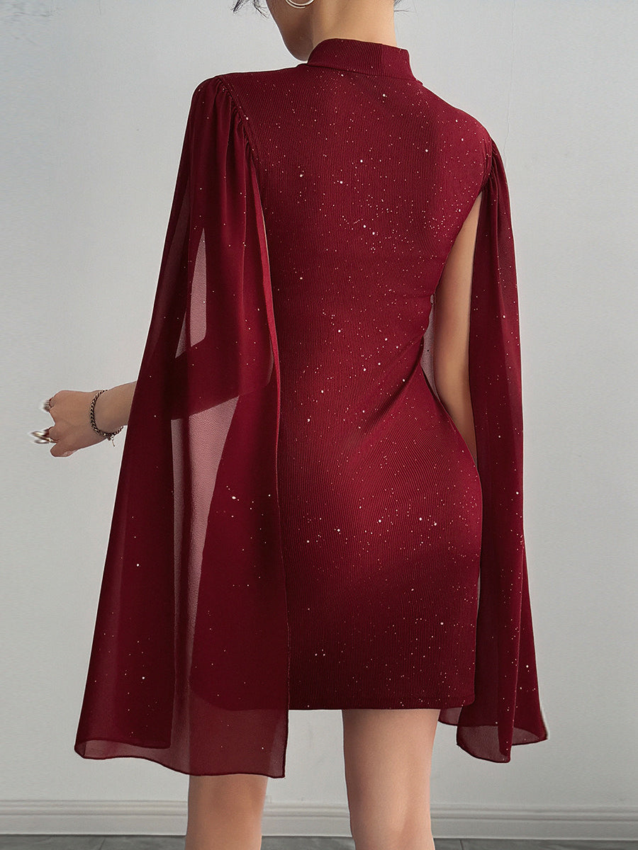 Rhinestone Spliced Round Neck Slim Fit Mini Dress