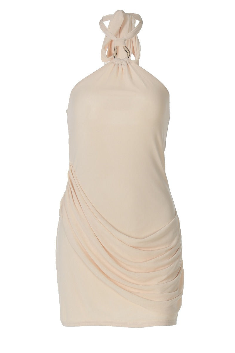 Sheer Mesh Halter Draped Mini Dress