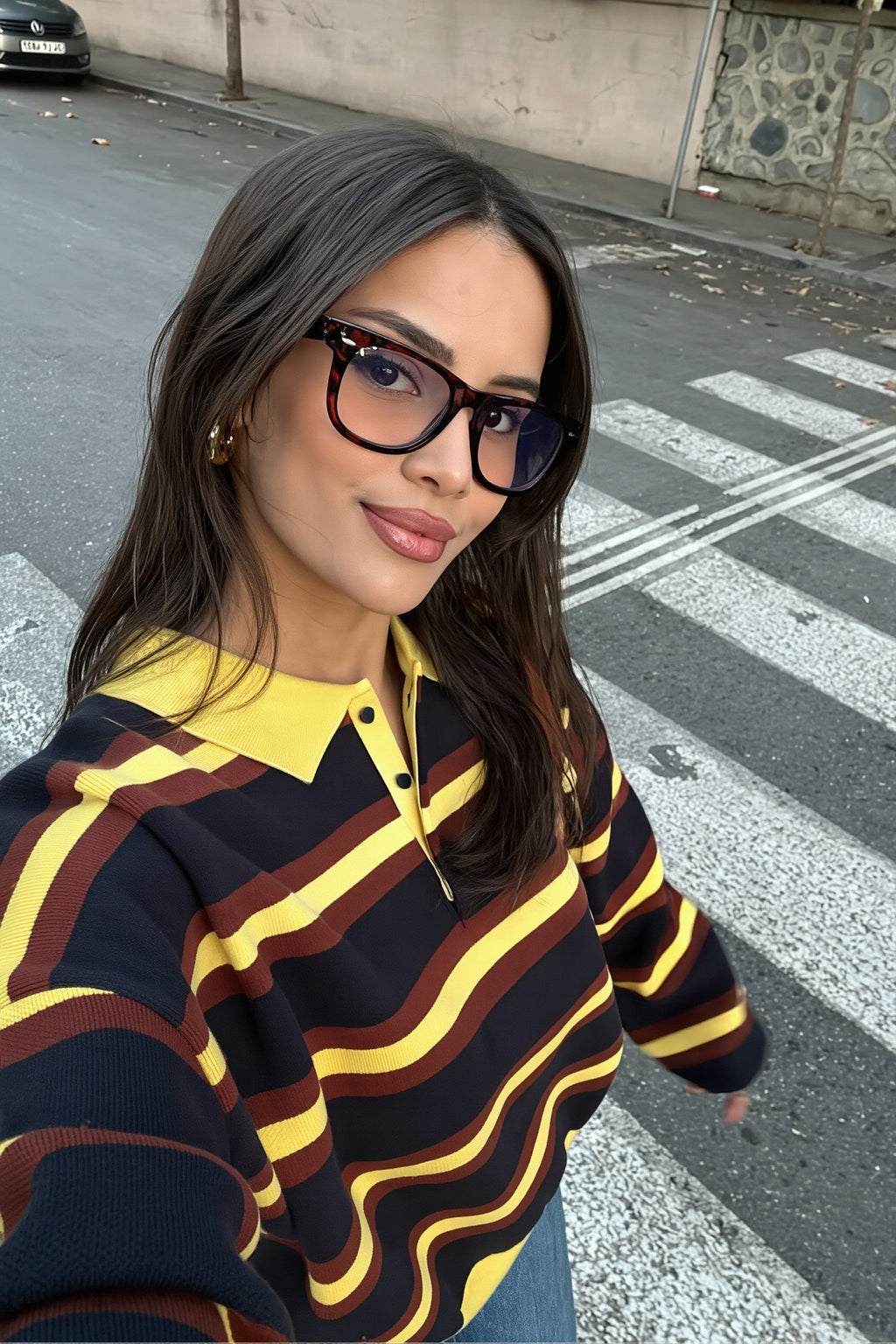 Striped Polo Collar Relaxed Sweater