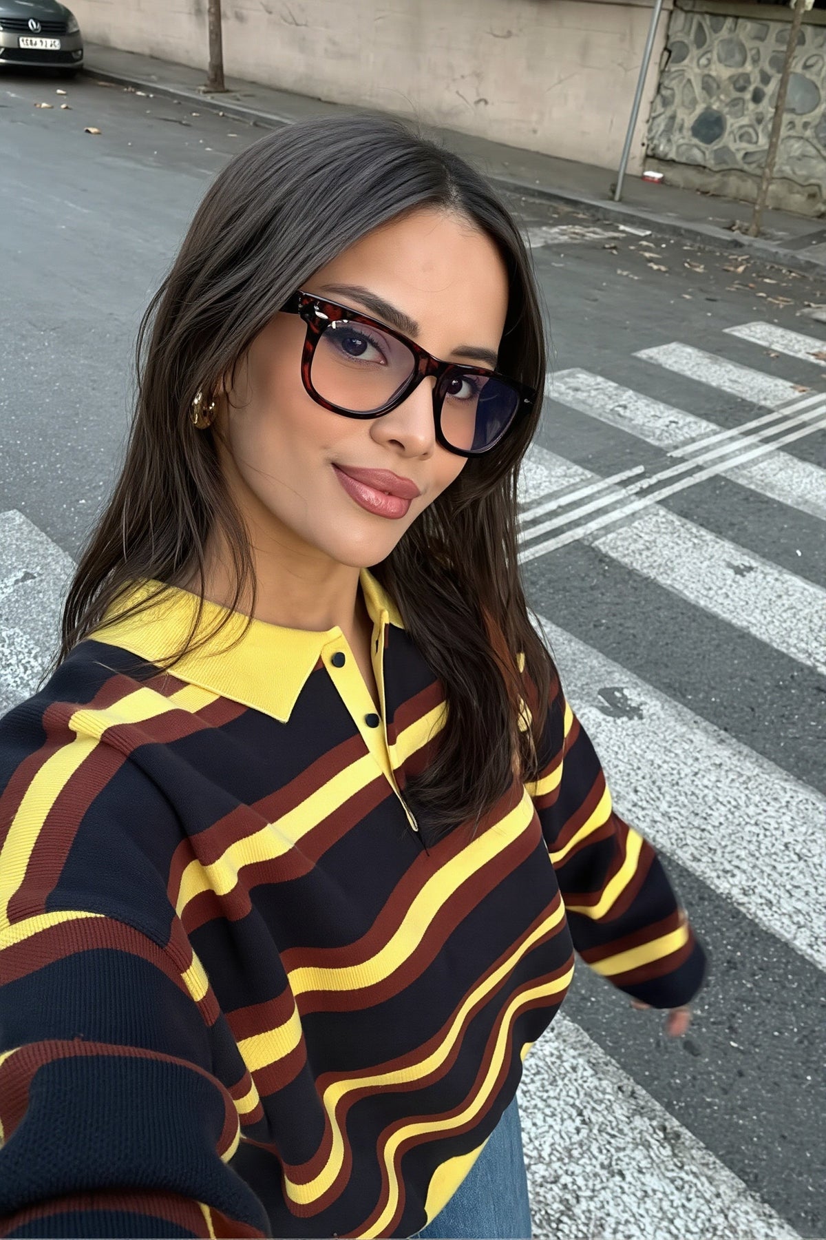 Striped Polo Collar Relaxed Sweater