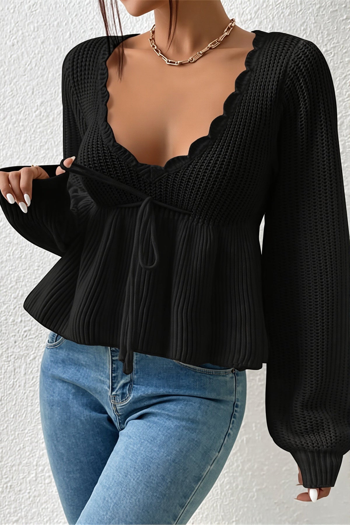 Scalloped V Neck Drawstring Peplum Sweater