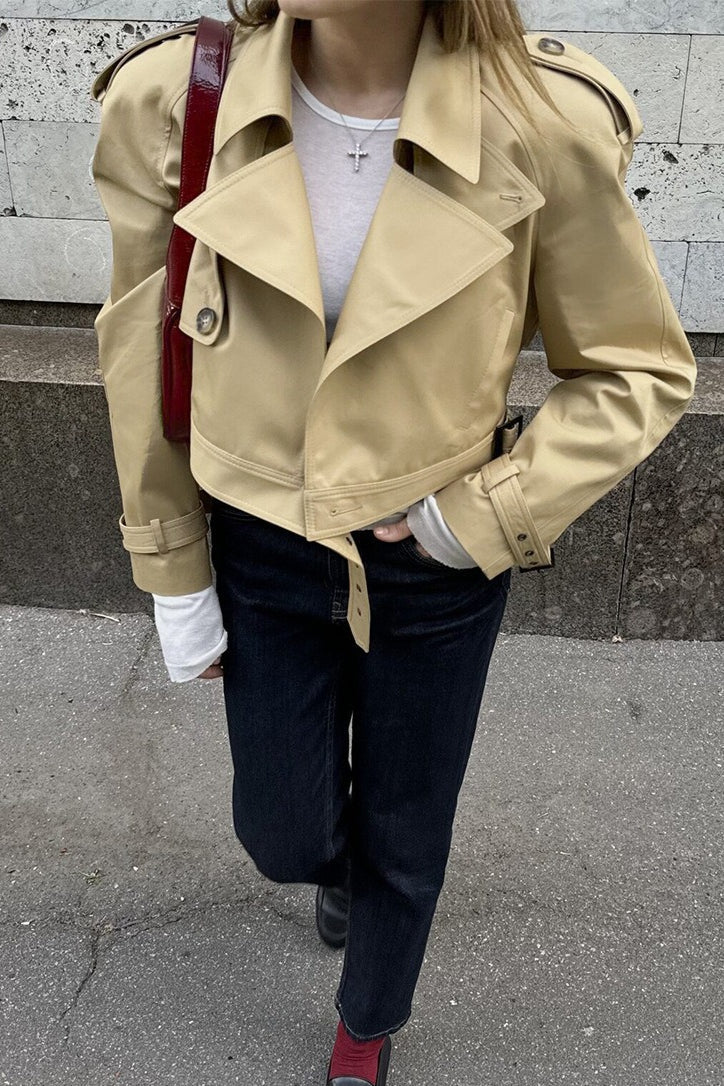 Epaulet Hidden Snap Cropped Trench Jacket