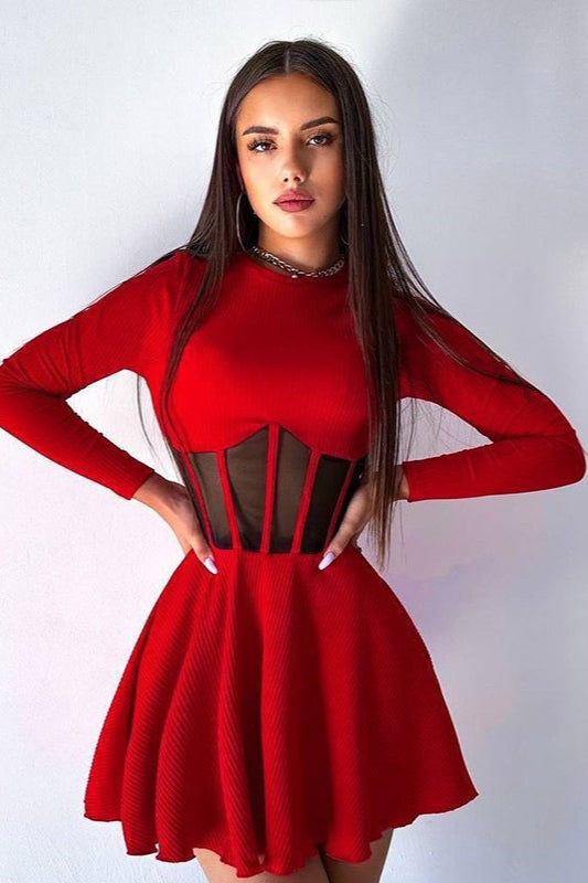 Long-Sleeve Patchwork Waist-Defined Mini Dress