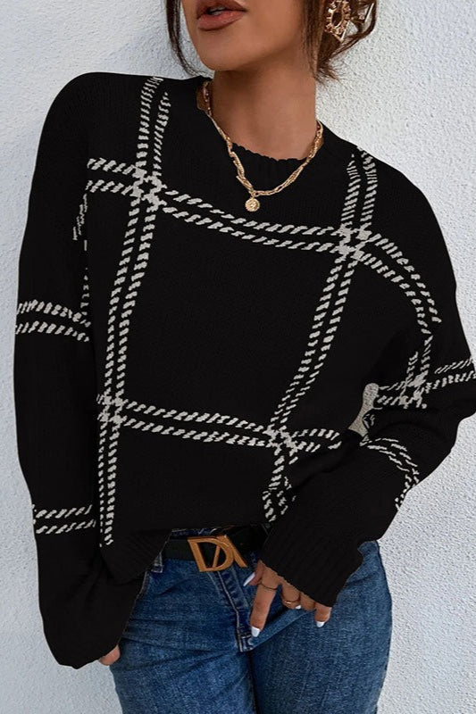 Plaid Crew Neck Relaxed Sweater