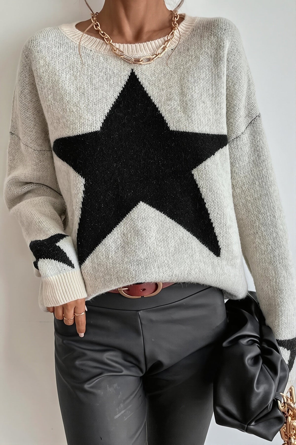 Star Motif Crew Neck Raglan Sweater