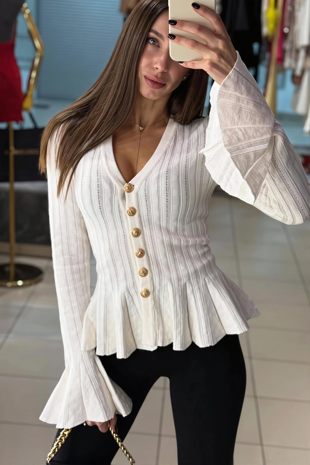 Ruffle Hem V Neck Bell Sleeve Cardigan