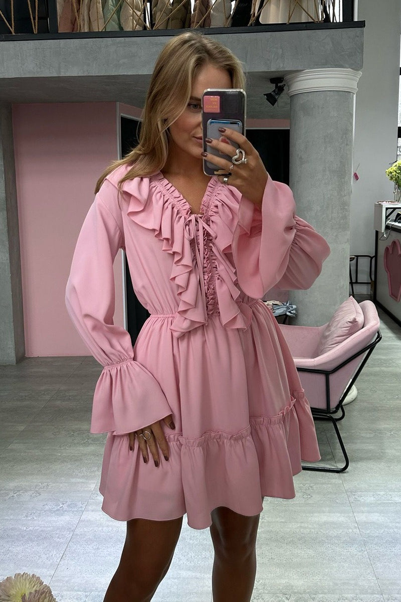 Chiffon V Neck Flared Sleeve Mini Dress