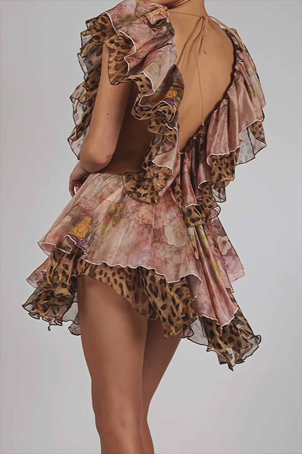 Backless Irregular Ruffle Print Mini Dress
