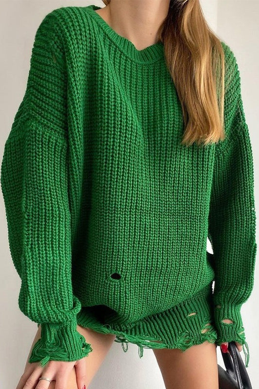 Distressed Hem Turtleneck Oversized Knit Sweater