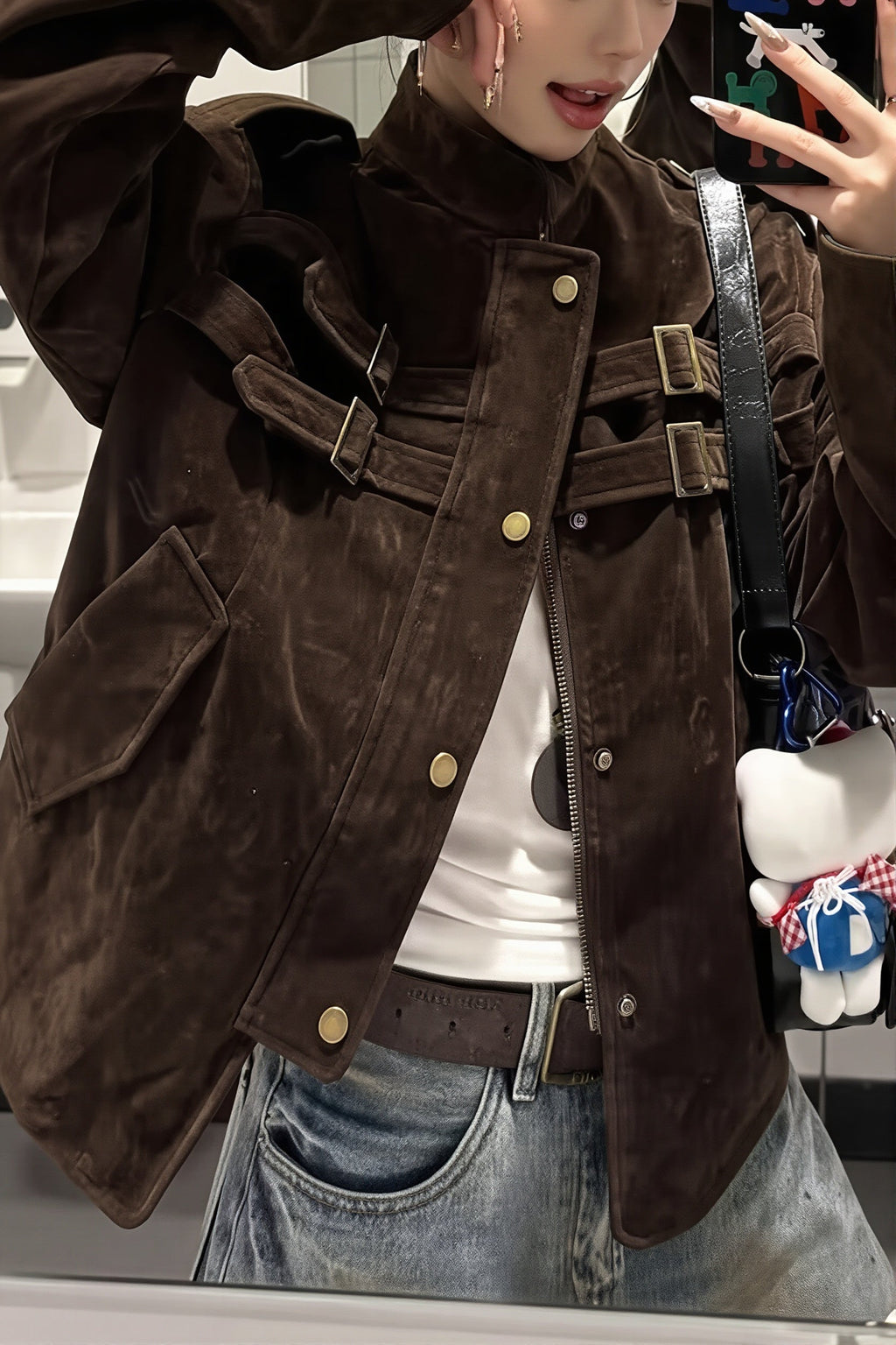 Buckle Pocket Stand Collar Suede Jacket