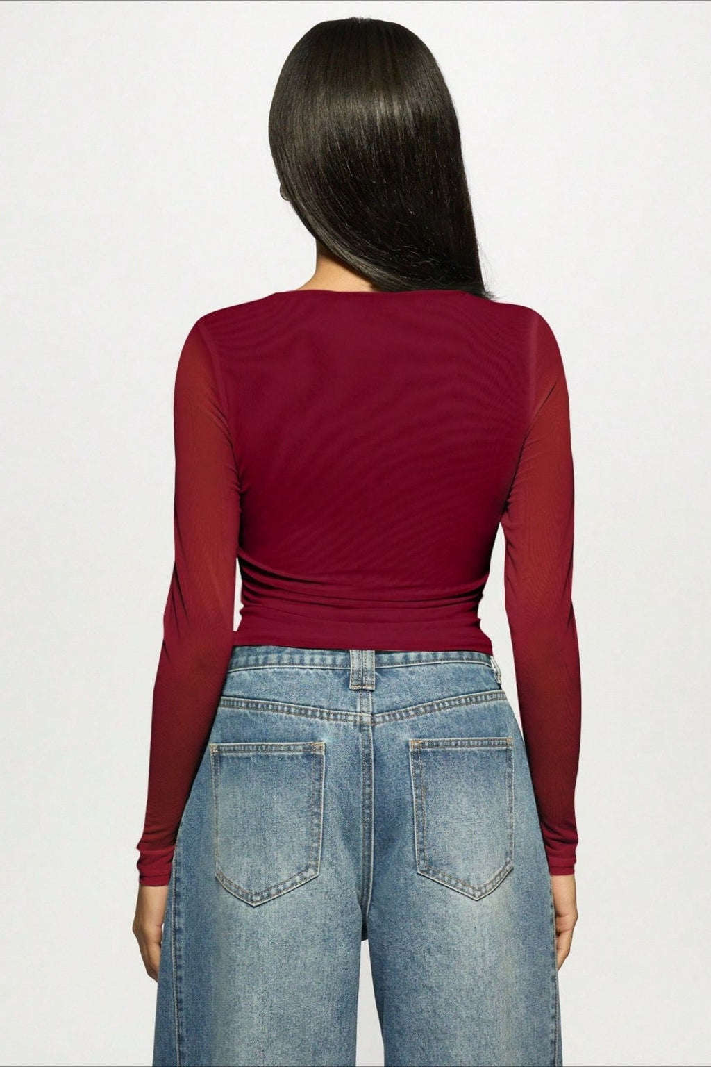 Rhinestone Ruched Mock Neck Mesh Top