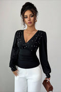 Pearl Studded Wrap V Neck Blouse