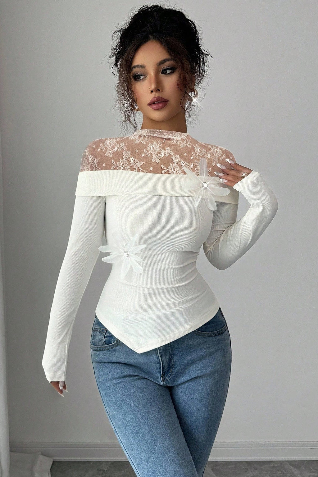 Floral Lace Yoke Off Shoulder Blouse