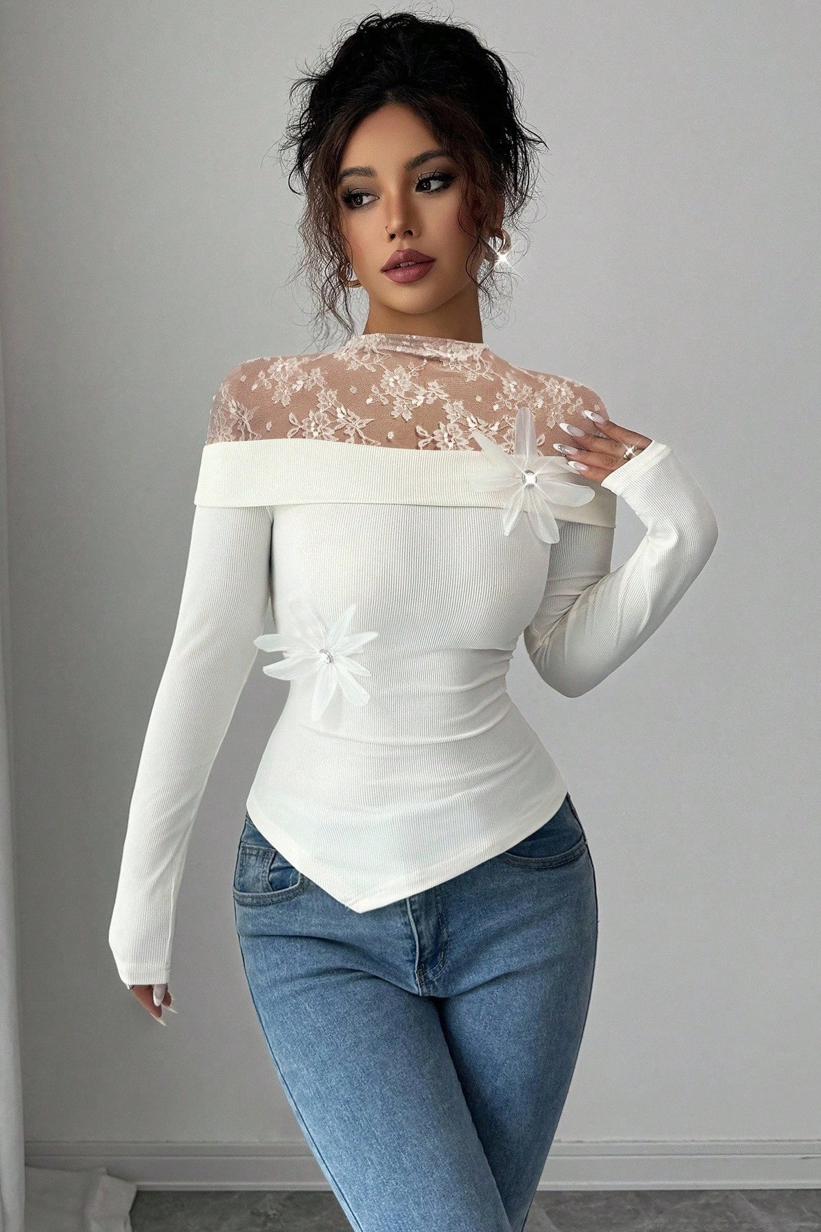 Floral Lace Yoke Off Shoulder Blouse