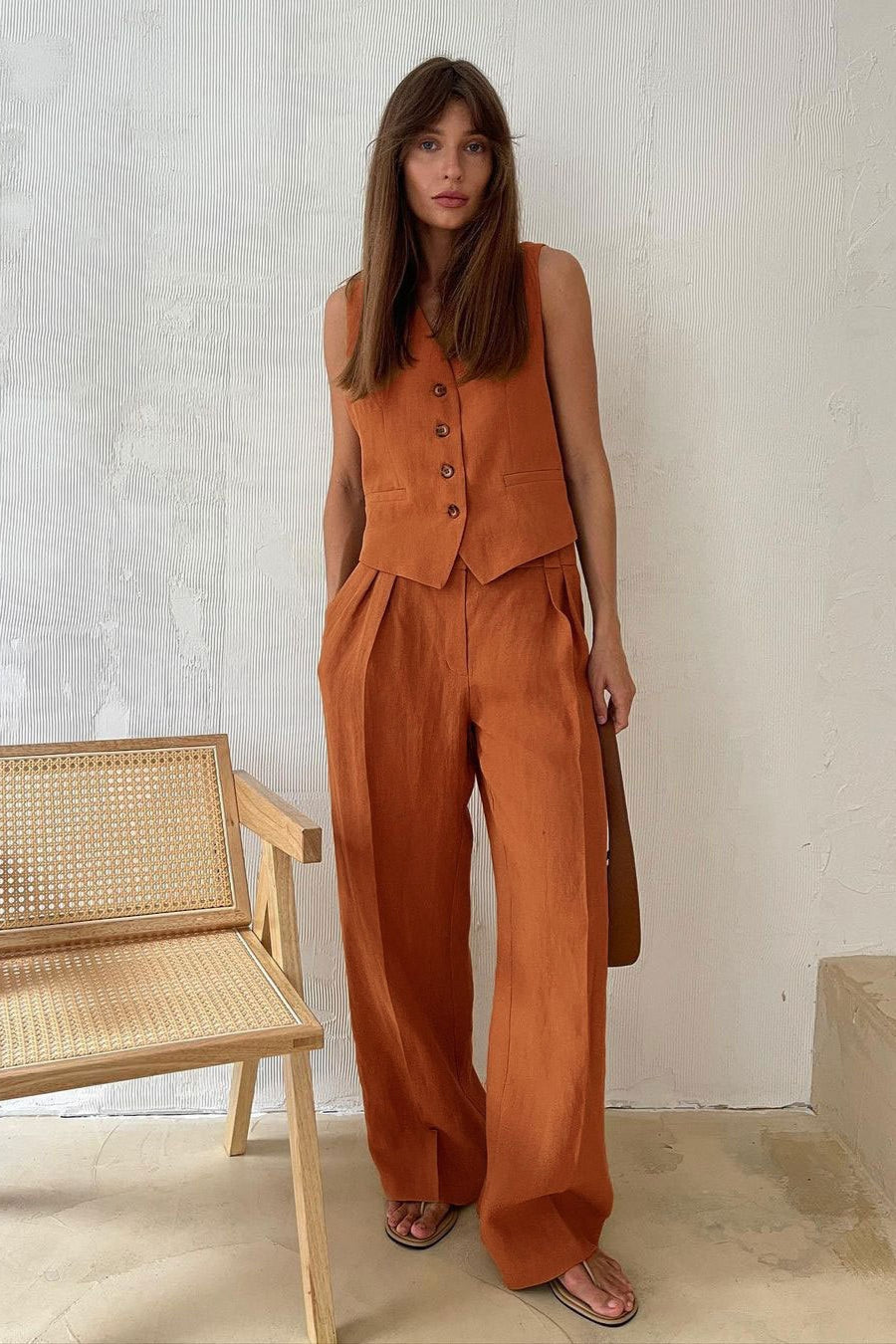 Button Vest Relaxed Low Rise Pants Set