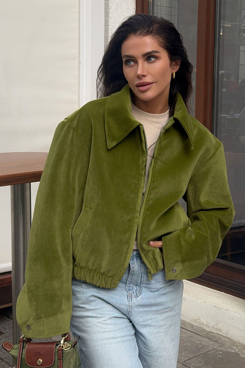 Velvet Turn Down Collar Zip Jacket