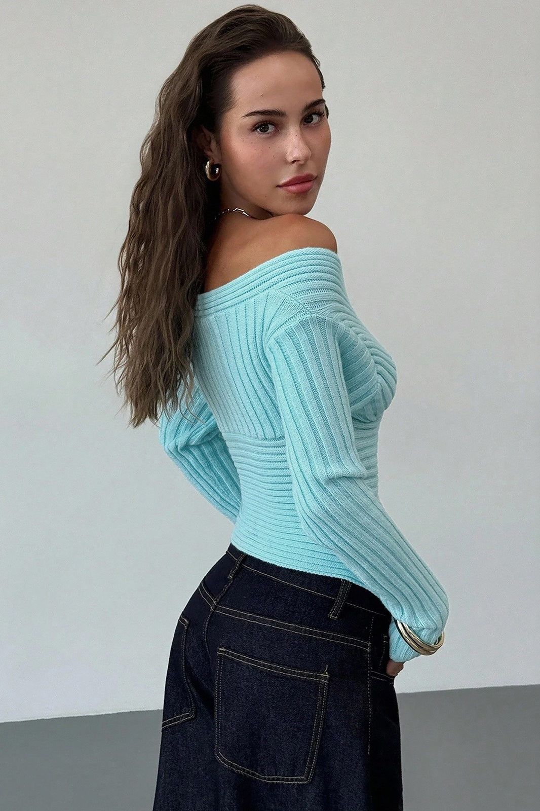 Off Shoulder Wrap V Neck Fitted Sweater