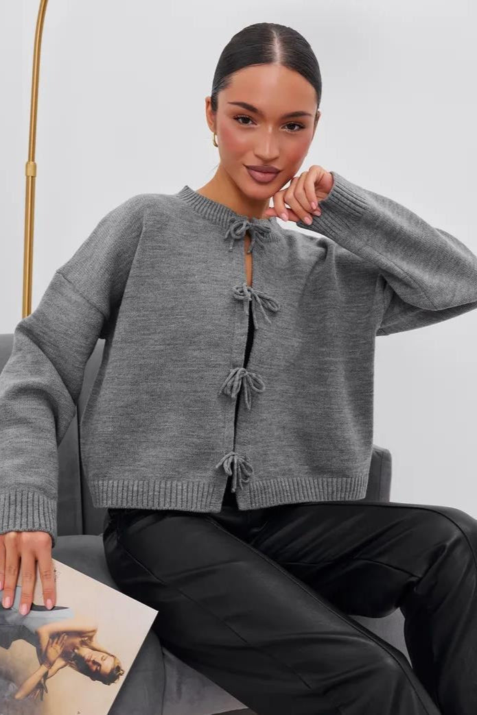 Tie Front Crew Neck Knit Cardigans