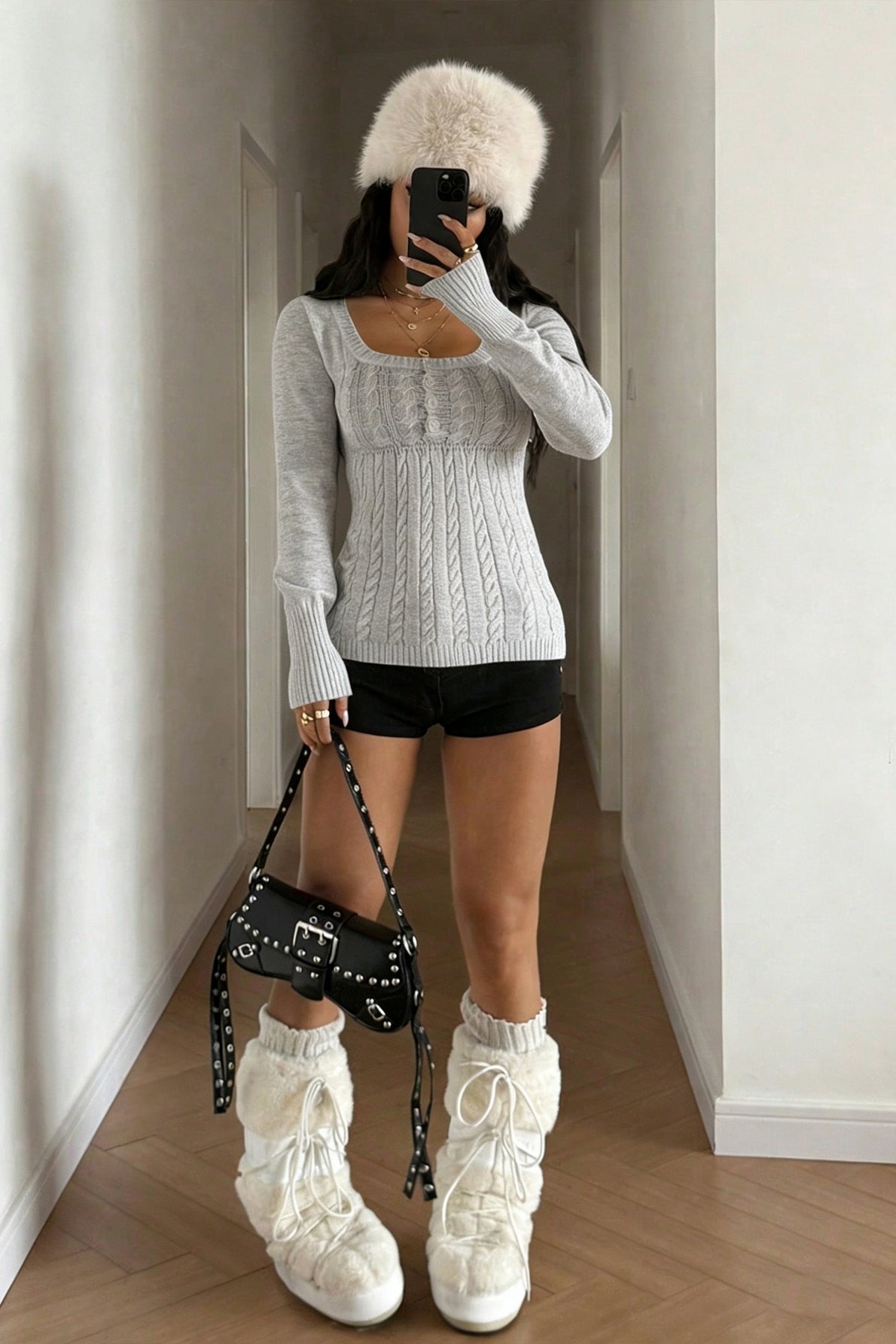 Cable Knit Square Neck Button Detail Sweater