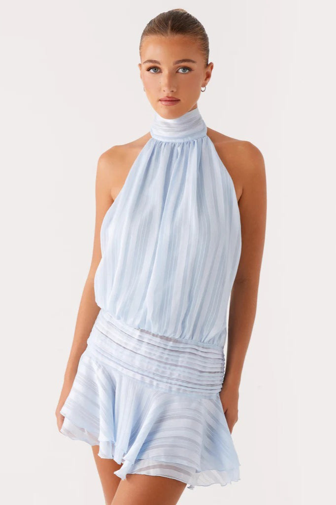 Elegant Halter Satin Jacquard Stripe Mini Dress