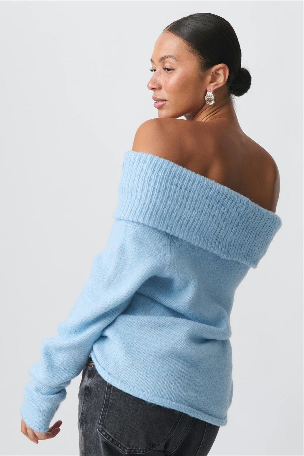 Foldover Collar Off Shoulder Fitted Sweater
