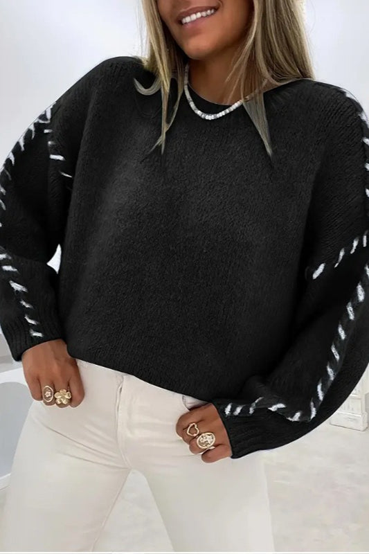 Contrast Lace Detail Crew Neck Knit Sweater