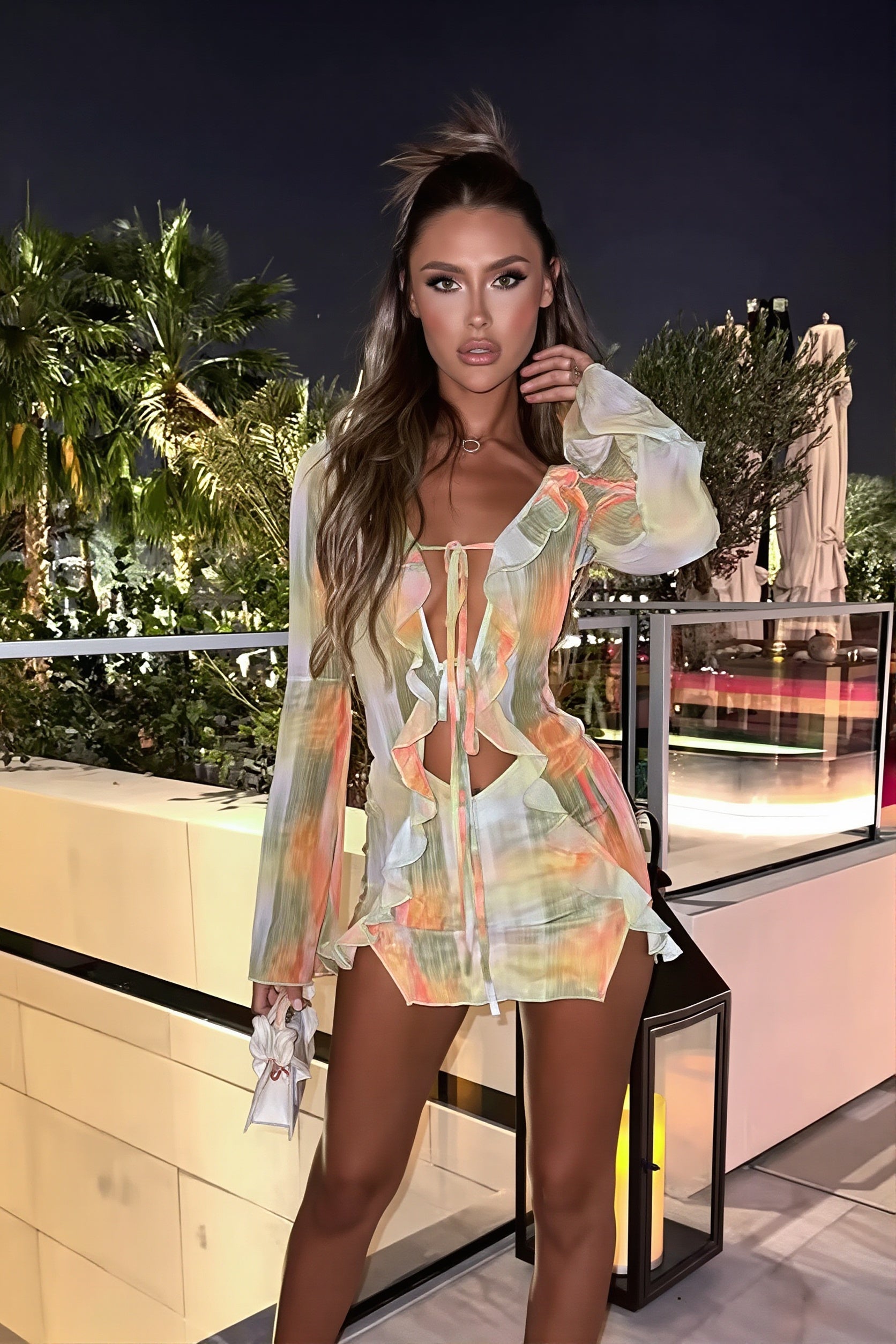 Sexy Print Tie Mesh Mini Dress