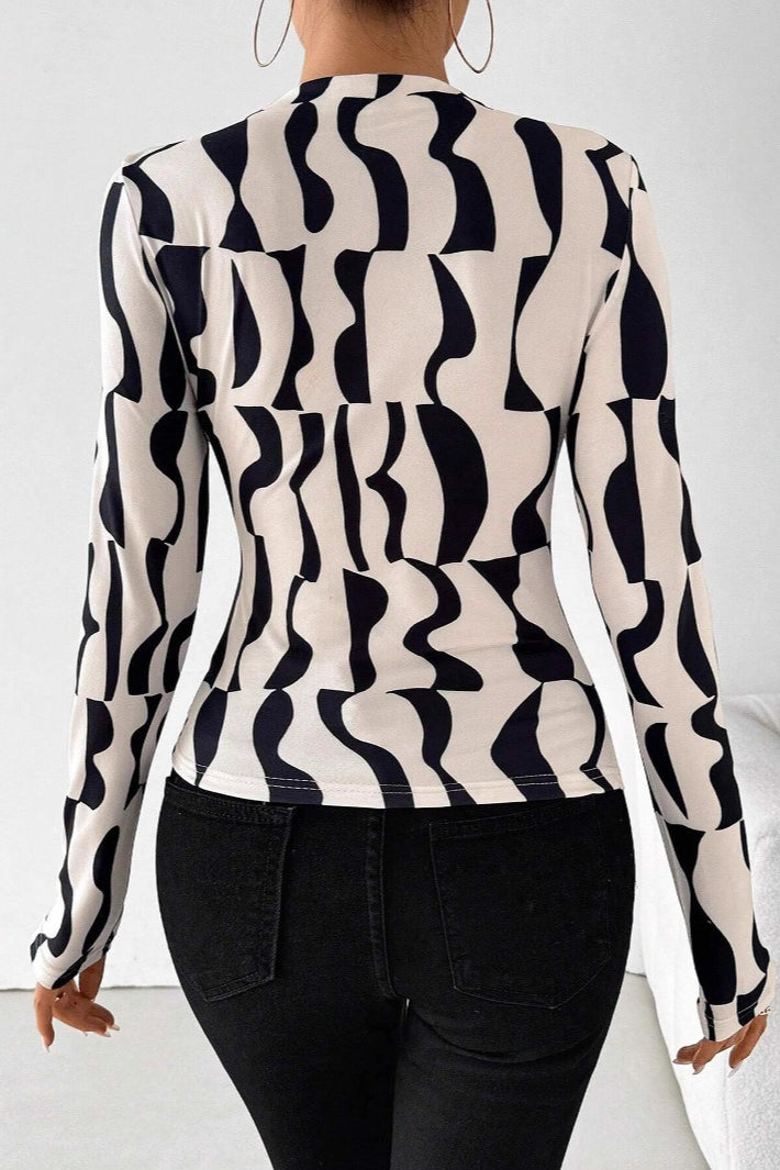 Abstract Wave Print Mock Neck Top