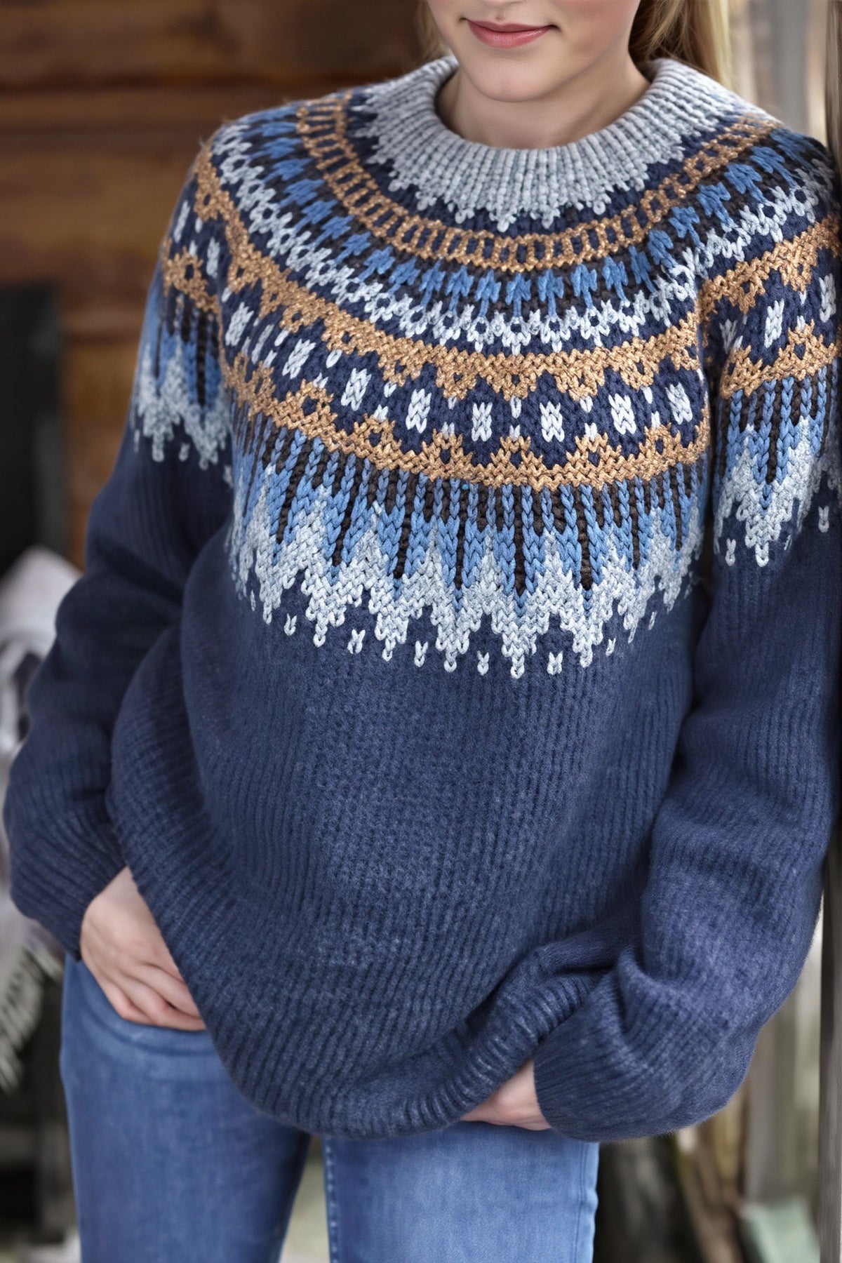 Fair Isle Crew Neck Raglan Sweater