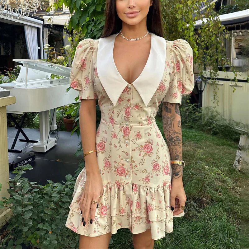 Glorol - Printed Puff Sleeves V-Neck High Waist Mini Dress