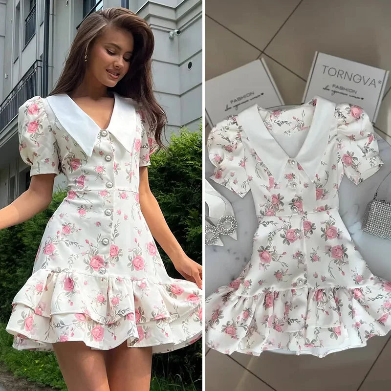 Glorol - Printed Puff Sleeves V-Neck High Waist Mini Dress