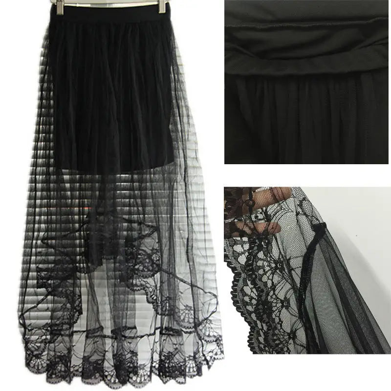 Glorol - High Waist Lace Flared Pleated Skirt