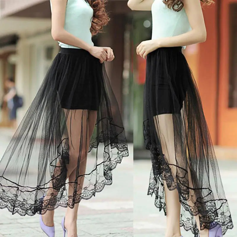 Glorol - High Waist Lace Flared Pleated Skirt