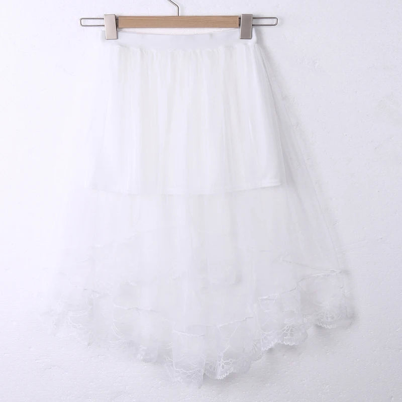 Glorol - High Waist Lace Flared Pleated Skirt