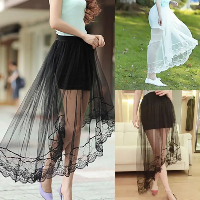 Glorol - High Waist Lace Flared Pleated Skirt