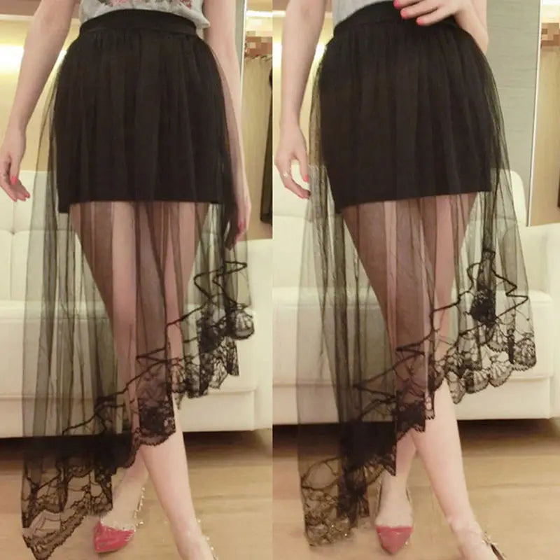 Glorol - High Waist Lace Flared Pleated Skirt