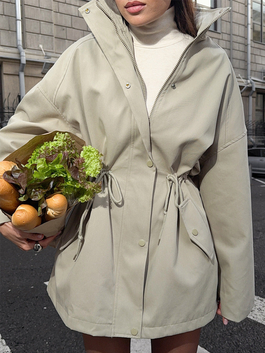 Stand Collar Drawstring Waist Field Jacket
