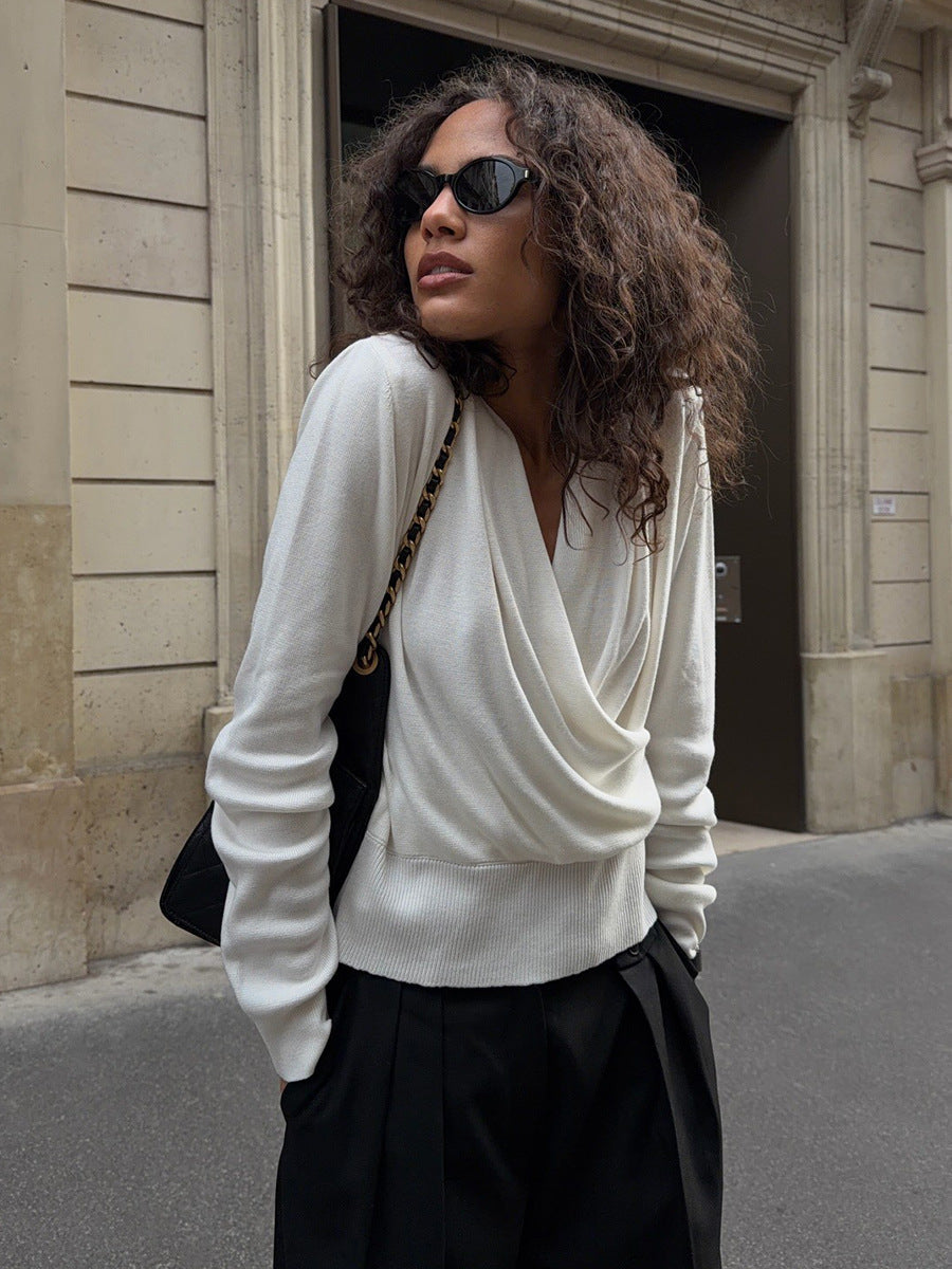 Draped Cowl Neck Crossover Fitted Sweater