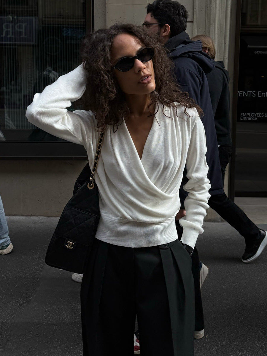 Draped Cowl Neck Crossover Fitted Sweater