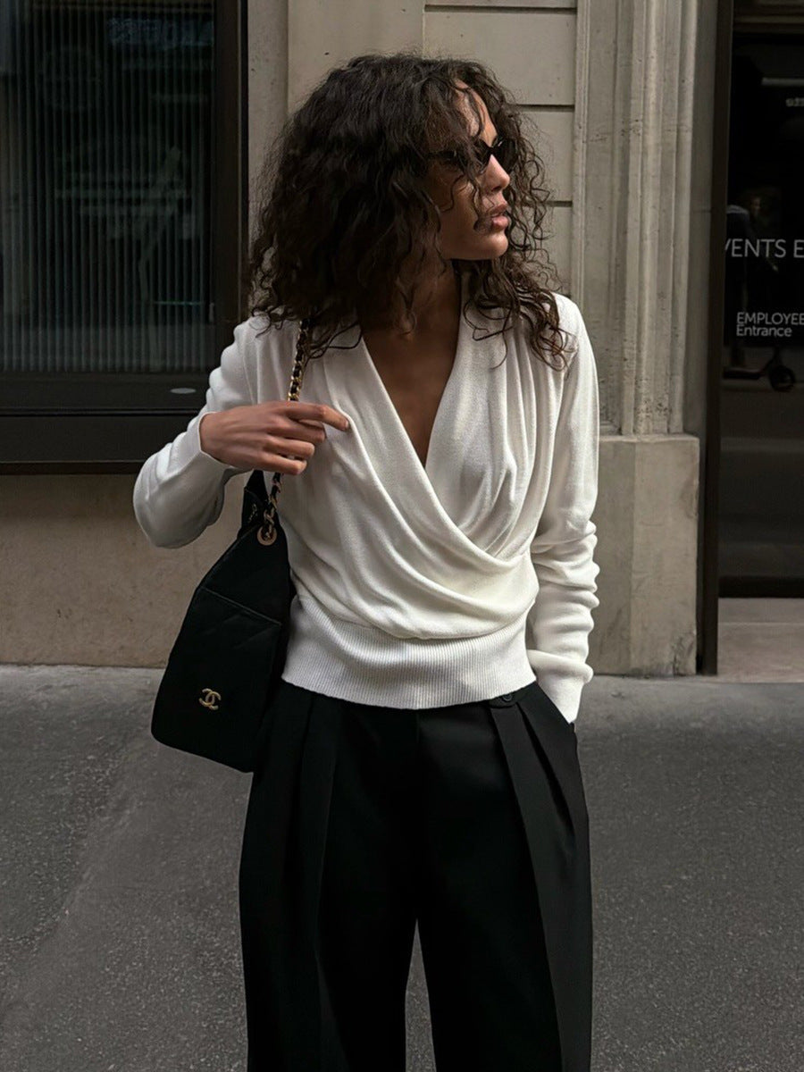 Draped Cowl Neck Crossover Fitted Sweater