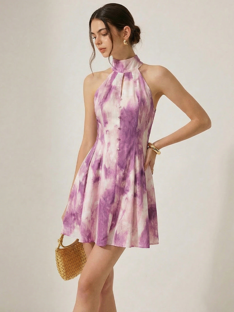 Halter Neck A Line Flowy Sleeveless Mini Dress