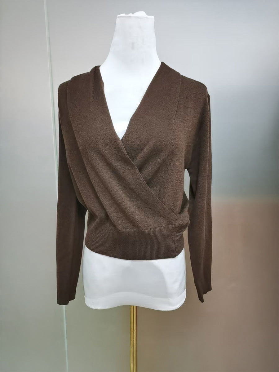 Draped Cowl Neck Crossover Fitted Sweater
