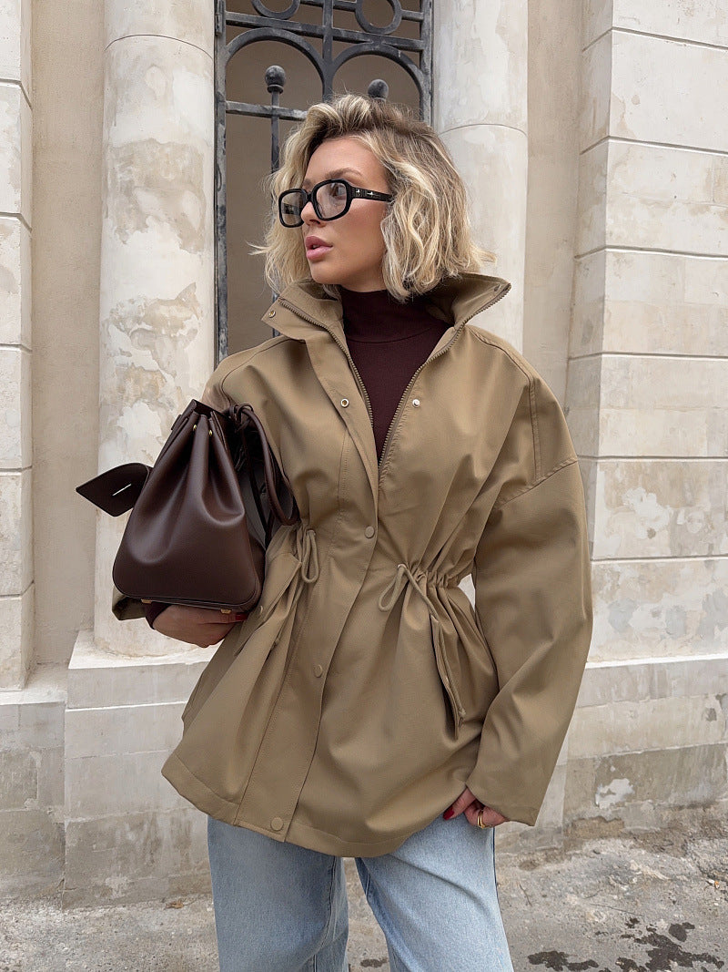 Stand Collar Drawstring Waist Field Jacket