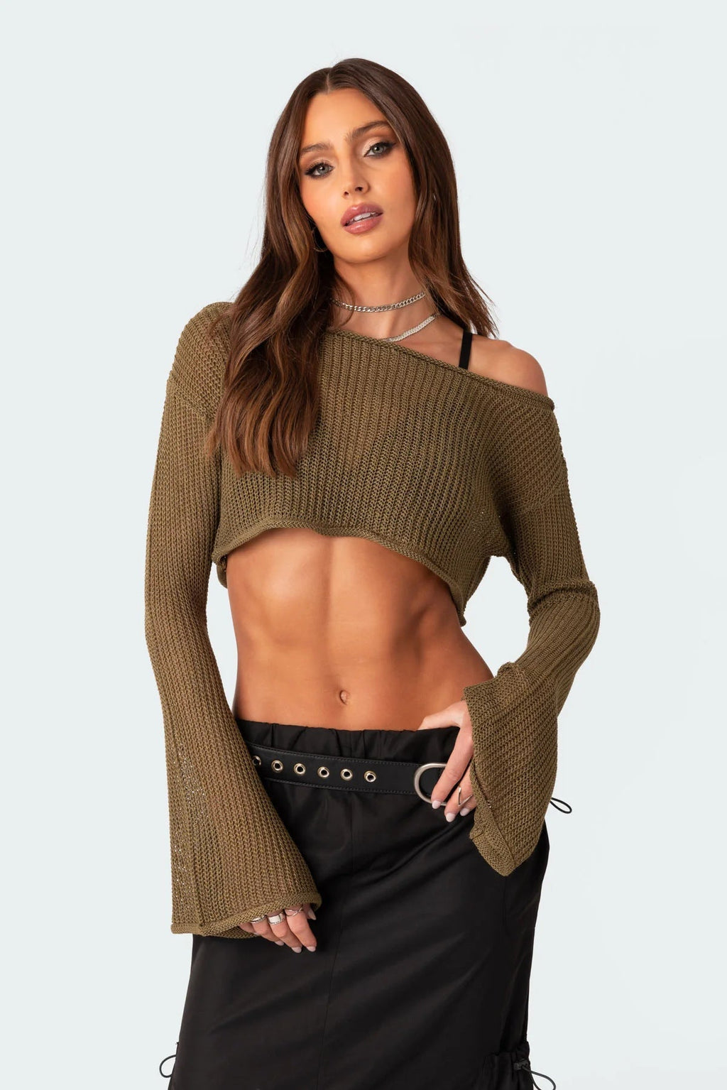 Sheer Cropped Off Shoulder Sweater